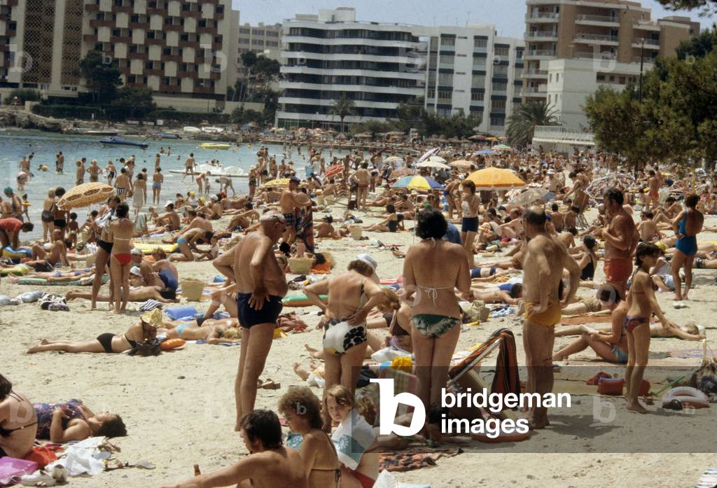 The crowd on the beach in Palma Nova, Majorca, Balearic (Spain) July 1978