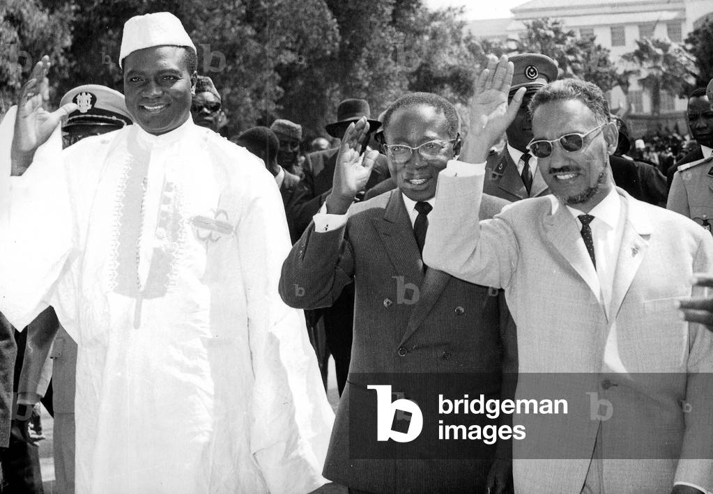 Mali President Keita, senegalese President Leopold Sedar Senghor and Mauritania President Daddah in Saint Louis du Senegal for planning on river Senegal February 13, 1965