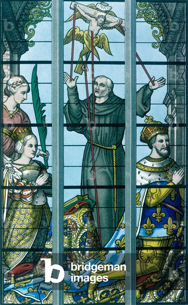 French King  Francois 1st and his 2nd wife Eleonore praying with St Francois and St Eleonore, stained glass window, cathedral St Michael and Gudula, Brussels