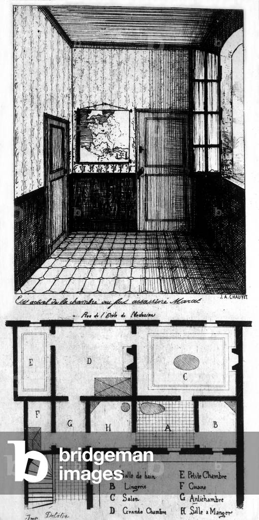 Plan of flat of Jean Paul Marat (1743-1793) in Paris, engraving