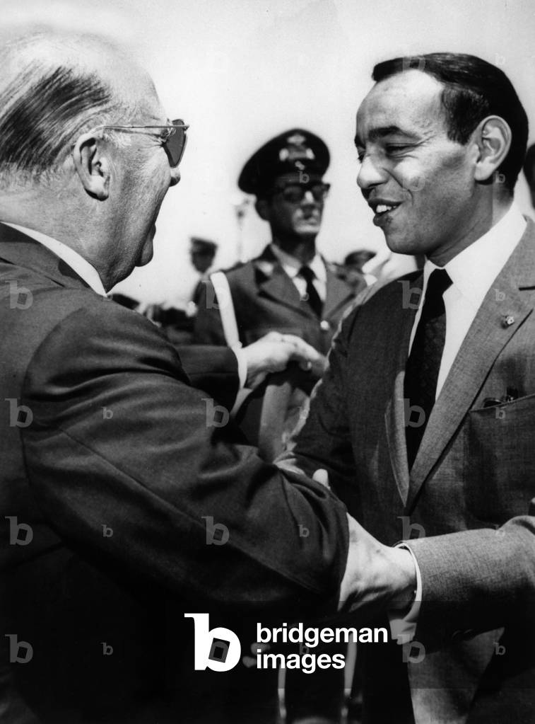 At Barajas airport in Madrid General Francisco Franco welcoming young King  Hassan II of Morocco on July 8, 1963