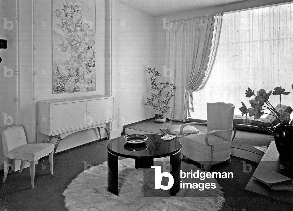 Interior created by Dominique Andre Domin (1883-1962) and Marcel Genevriere (1885-1967) : living room, Art Deco style, Paris, 30's