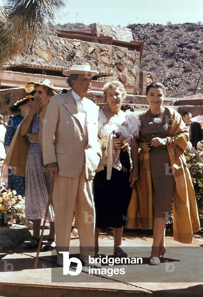 Architect Frank Lloyd Wright with his granddaughter, Actress Anne Baxter, and her mother, Wright's daughter from his first marriage, Catherine Dorothy Wright Baxter, at Taliesin West. This May be just several days prior to Wright's death. Scottsdale Arizona c. 1959