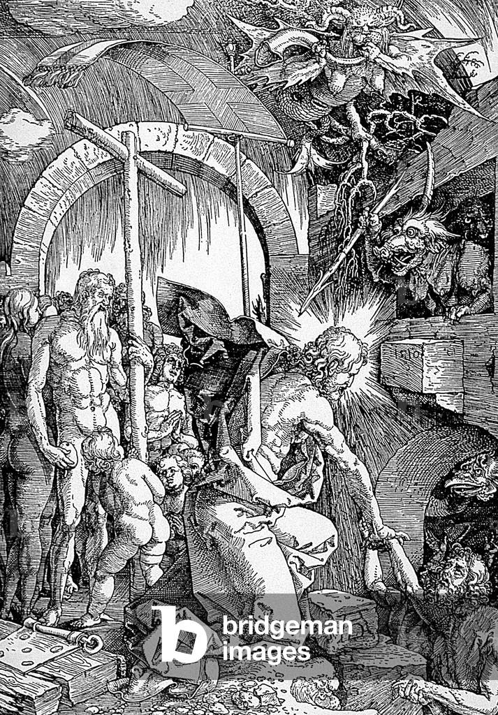 The descent in limbo, engraving by Albrecht Durer from the Great Passion, 1497-1499