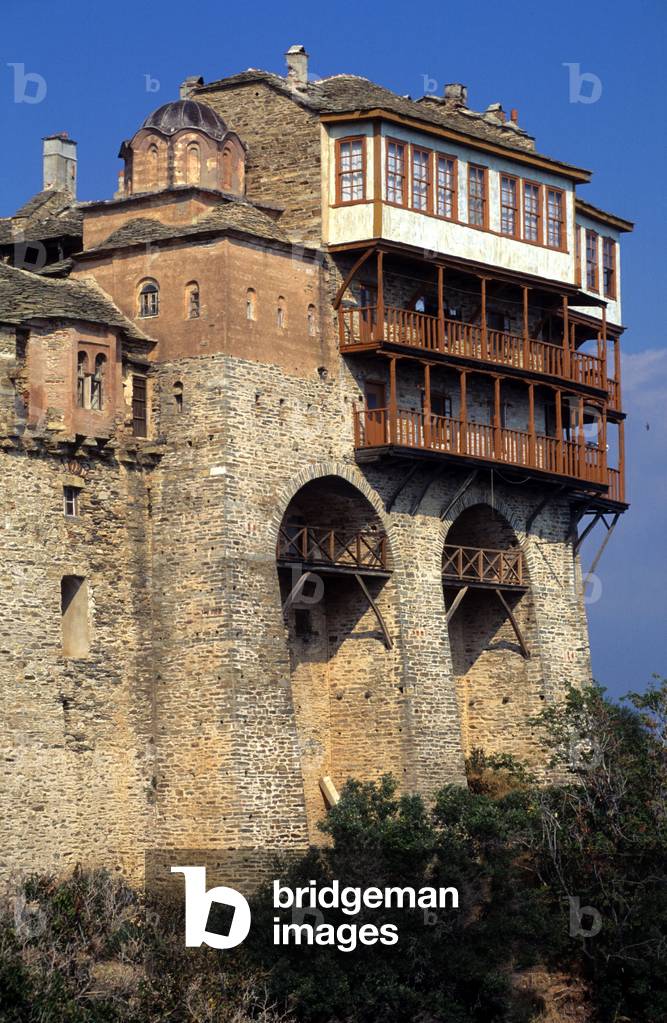 Stavronikita monastery on Mount Athos in Greece. It is the last of the monasteries built on Mount Athos and has the shape of a fortress