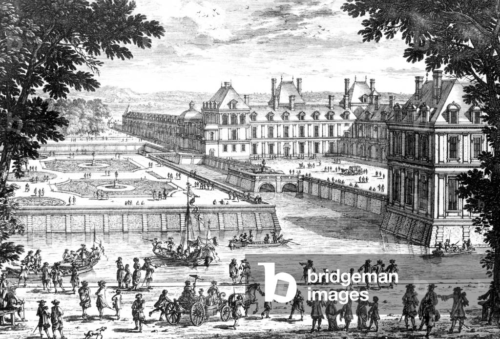 view of the fountains squares and the gallery of Ullysses of the Fontainebleau castle in the 18th century, engraving