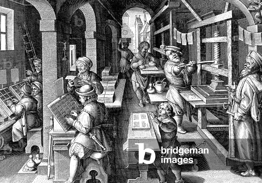 printing workshops of Christophe Plantin, famous printer-publisher in the 16th century in Antwerp, engraving