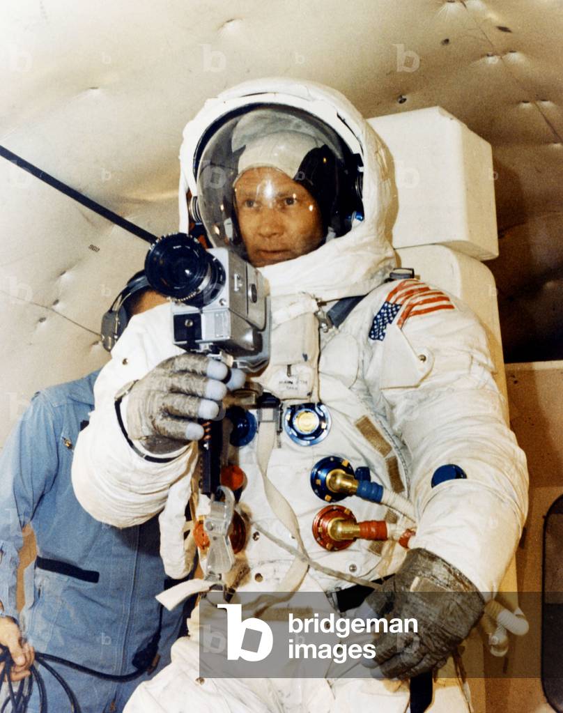 Astronaut Buzz Aldrin takes photos during training Flying in a KC-135 aircraft for Apollo 11 mission which will take him towars Moon on July 16, 1969 (he's the pilot of Lunar Module and he won't walk on Moon)