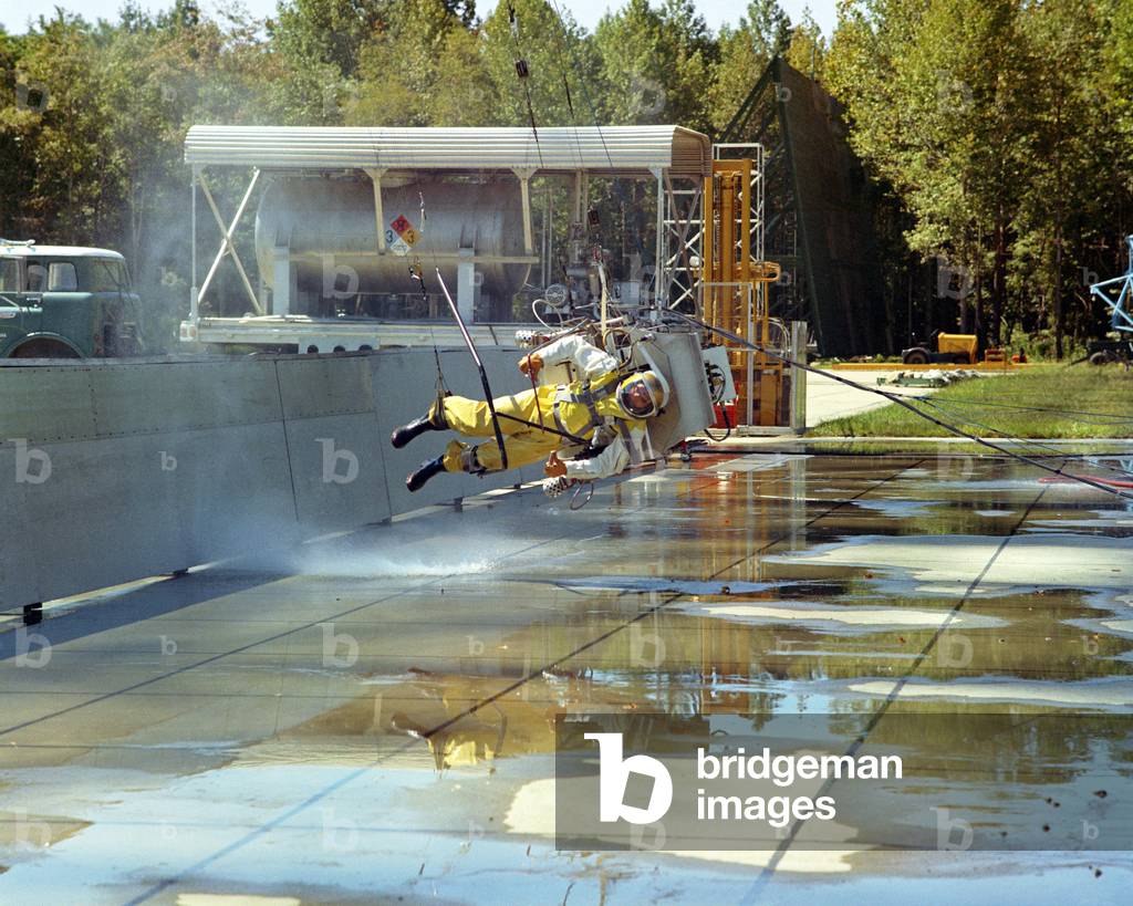Search on moonwalk moonwalk moonwalk at Langley Research Centre, Hampton viginie August 1, 1968. \r\rA NASA Langley researcher “moon walks” under the Lunar Landing Research Facility's gantry.