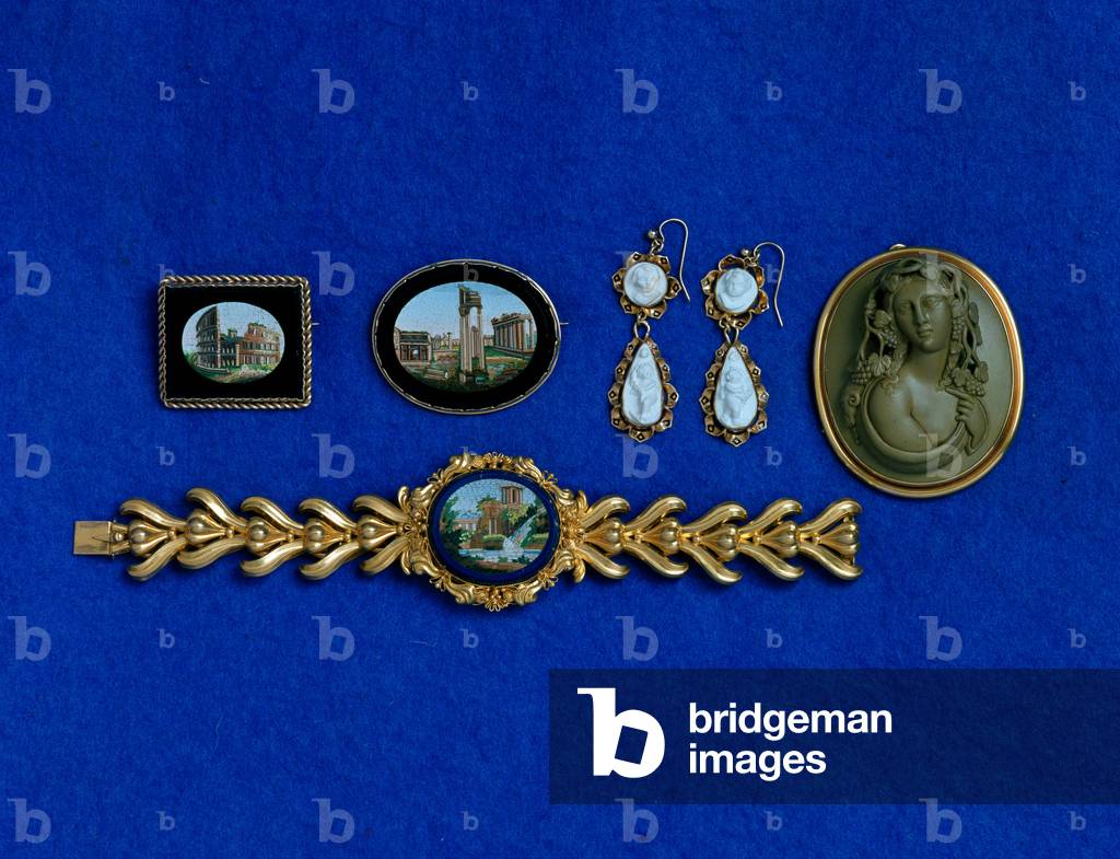 Victorian jewellery, lava with mosaic work an Etruscan-type bracelet