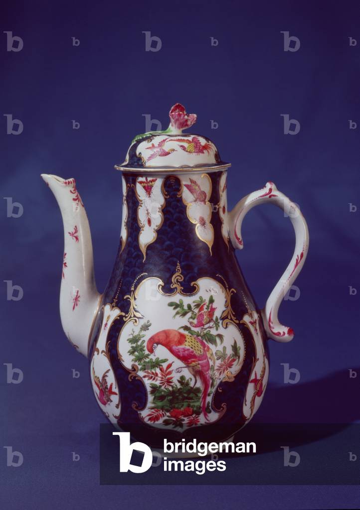 Worcester coffee pot, decorated with birds of paradise, c.1750 (porcelain)