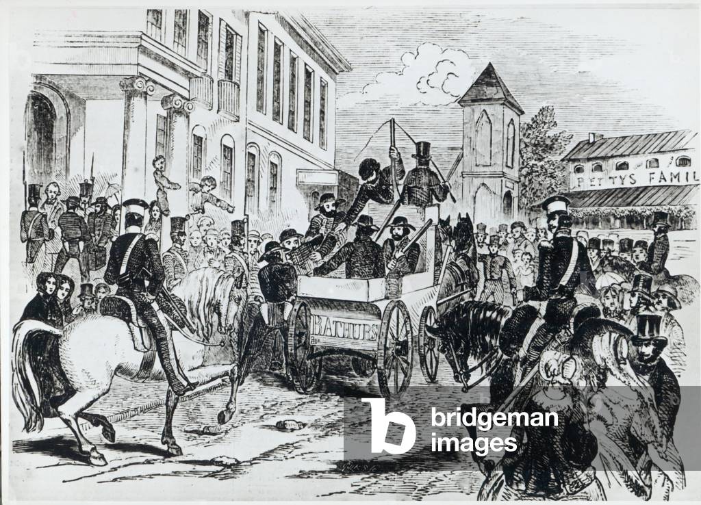 Arrival of the Government Conveyance at the Colonial Treasury, Sydney, on 21st August 1851, from 'The Illustrated London News', 24th January 1852 (litho)