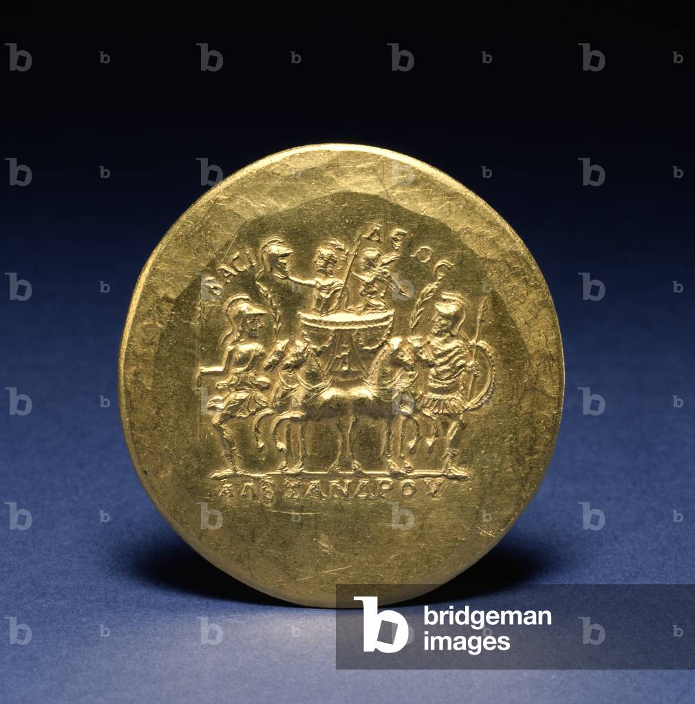 Reverse of a Medallion depicting Alexander the Great and Nike, Goddess of Victory, riding in a Chariot , c.215-243 (gold)