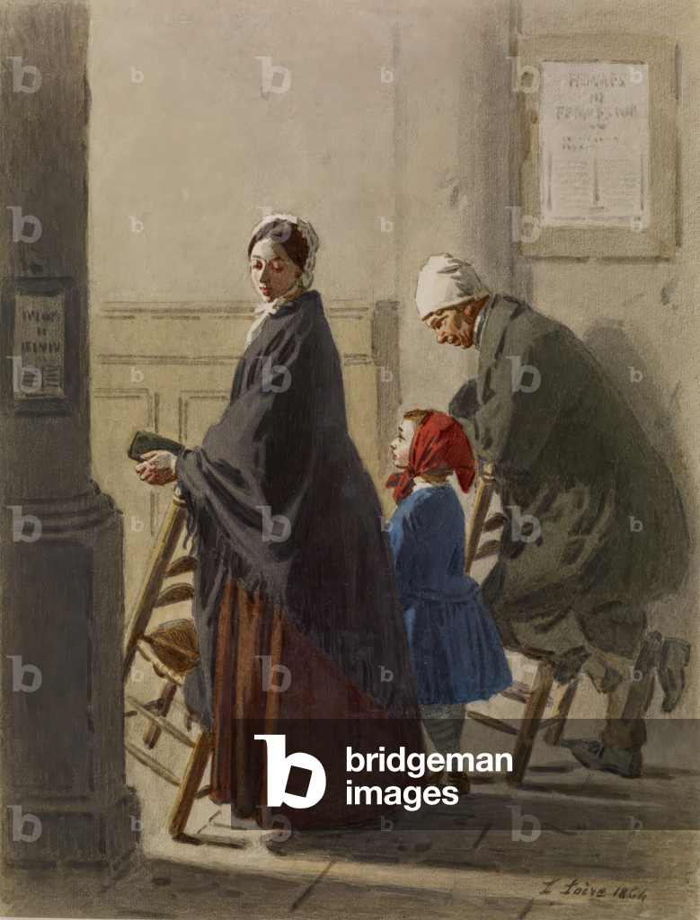 Man, Woman and Girl at Prayer in Church, 1864 (w/c and graphite on paper)