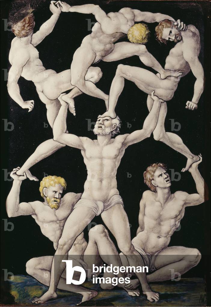 Plaque with Acrobats, c.1550 (painted enamel on copper)