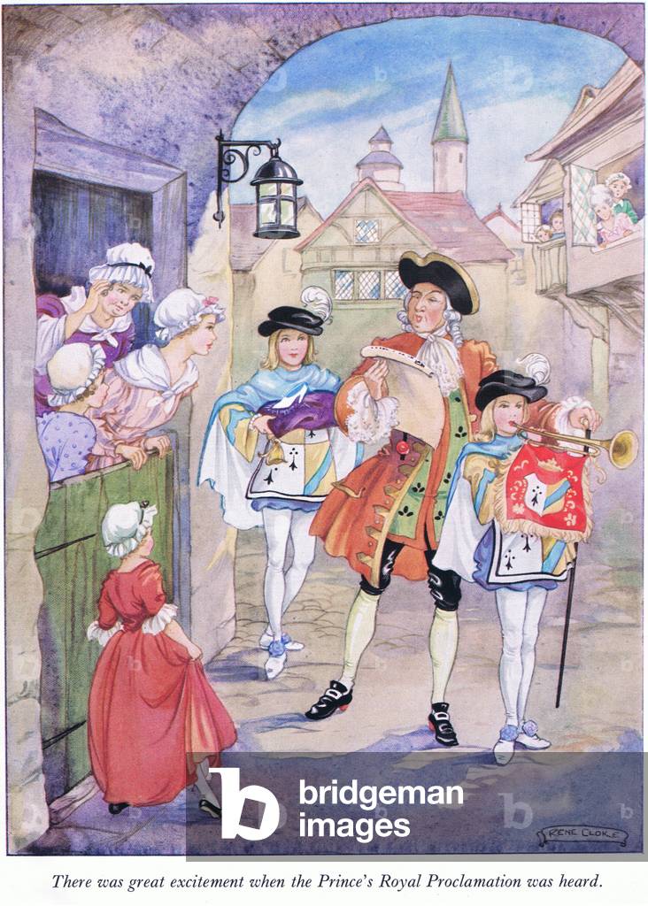 There was great excitement when the Prince's royal proclamation was heard (colour litho) by Rene Cloke