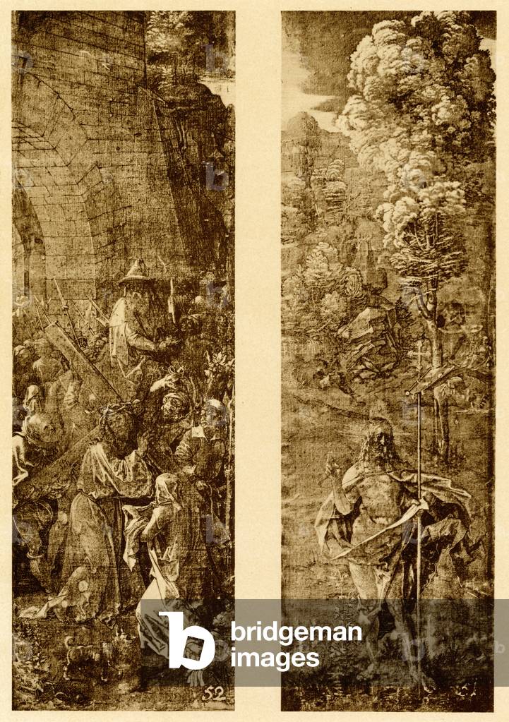 Porter la Croix et le Christ avec la bannière de la victoire par Albrecht Dürer or Duerer, b/w