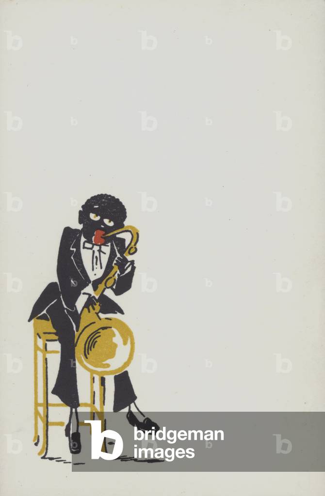 Schwarzer Musiker spielt ein Saxophon (Farbe litho)