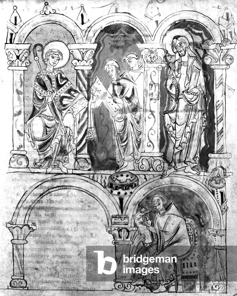 "Manoscritto dell'abbazia di sant'Amand in Francia (XI secolo): illustrata la gerarchia del clero: abate Jean 