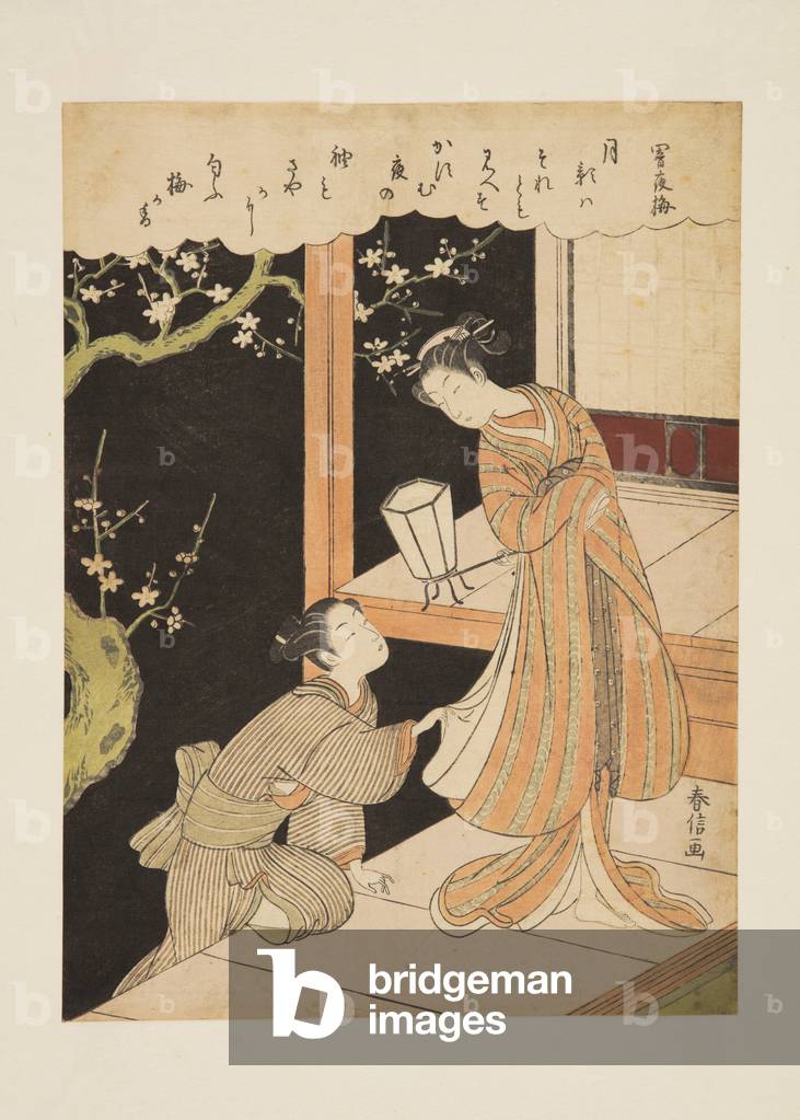 "Plum Blossoms on a Dark Night (Yamiyo no ume) (farbiger Holzschnitt-Druck)" 1769 von Suzuki Harunobu, b/w