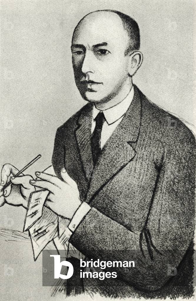Manuel de Falla sitting, studying score (drawing)