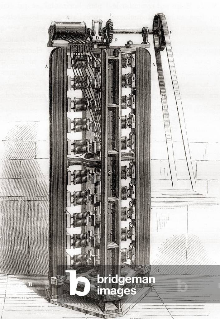 Paul-Gustave Froment's vertical electro motor, c.1844, de Les Merveilles de la Science, pubblicato c.1870 (inc