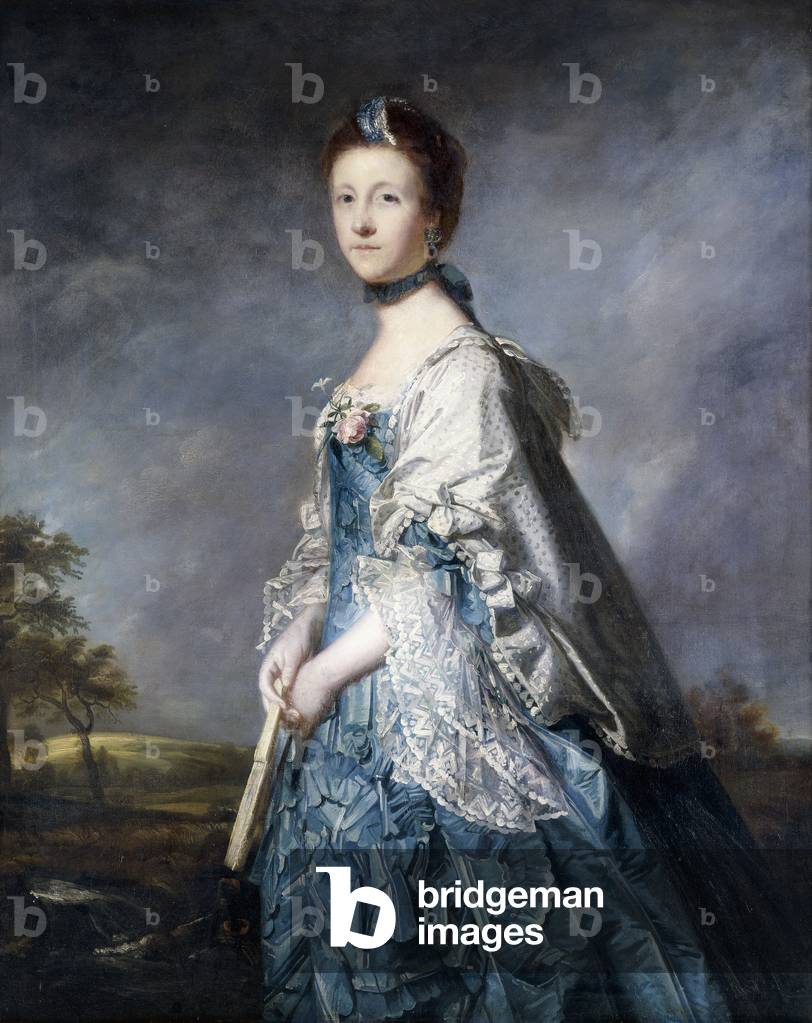 ritratto anne, contessa winterton, in piedi tre quarti di lunghezza, Indossando un abito blu, e pizzo-tagliato