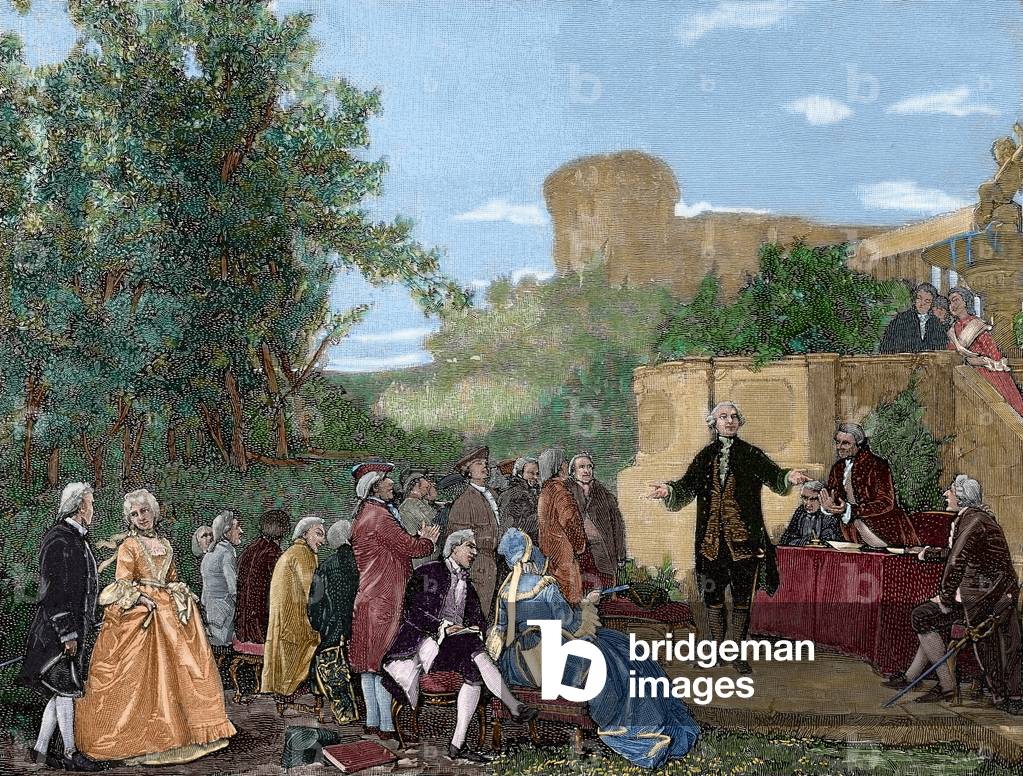 Carlo Goldoni (1707-1793), italiano drammaturgo, recita (incisione a colori)