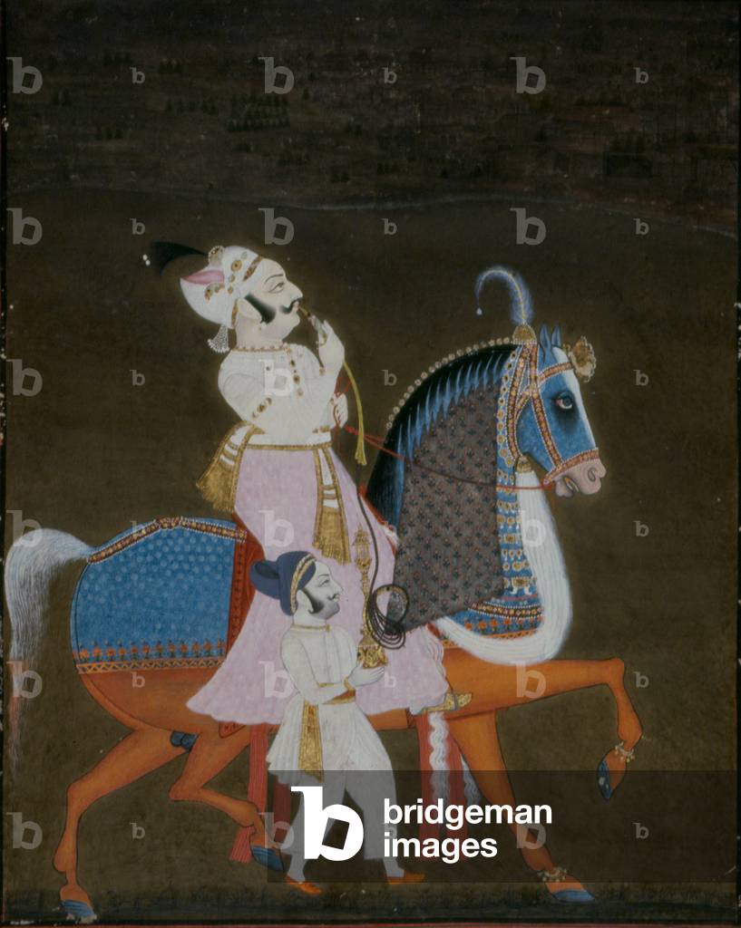 Nobile di Mewar equitazione Mrigarao con un guardiano a piedi, 1820 (guazzo su carta)