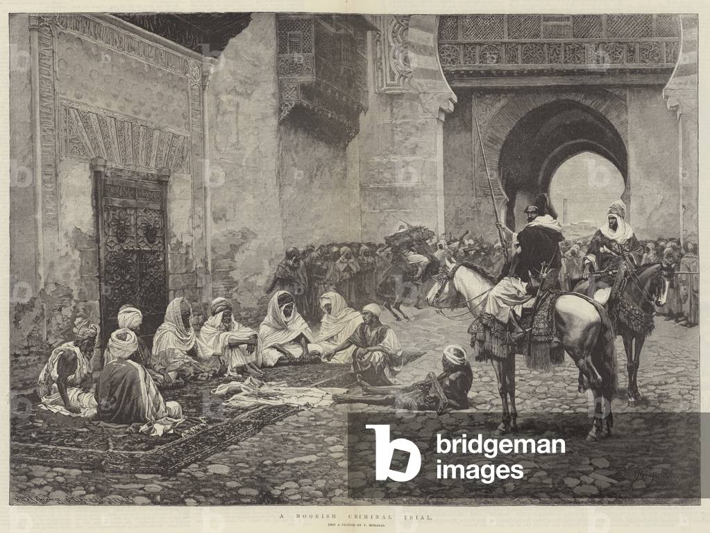 "Un processo penale moresco (incisione)" 1884 di English School, b/w
