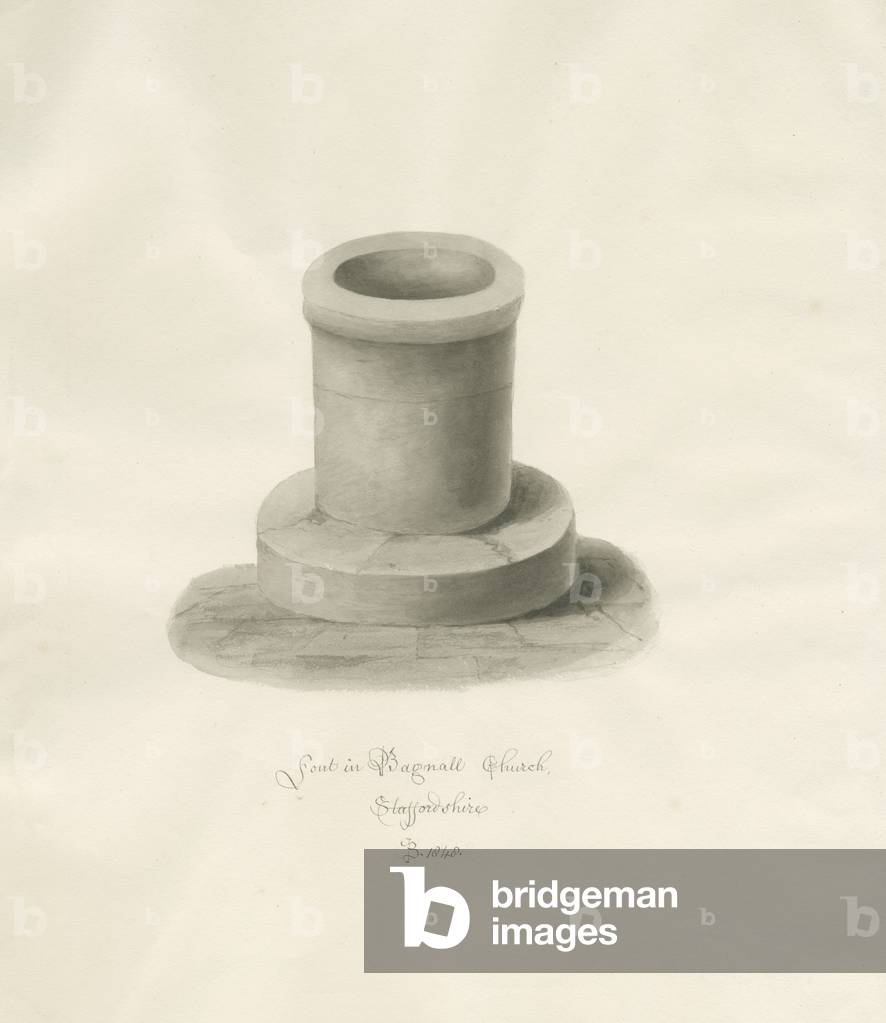 Image of Drawing depicting Font in Bagnall Church: sepia drawing 1848 by John Buckler