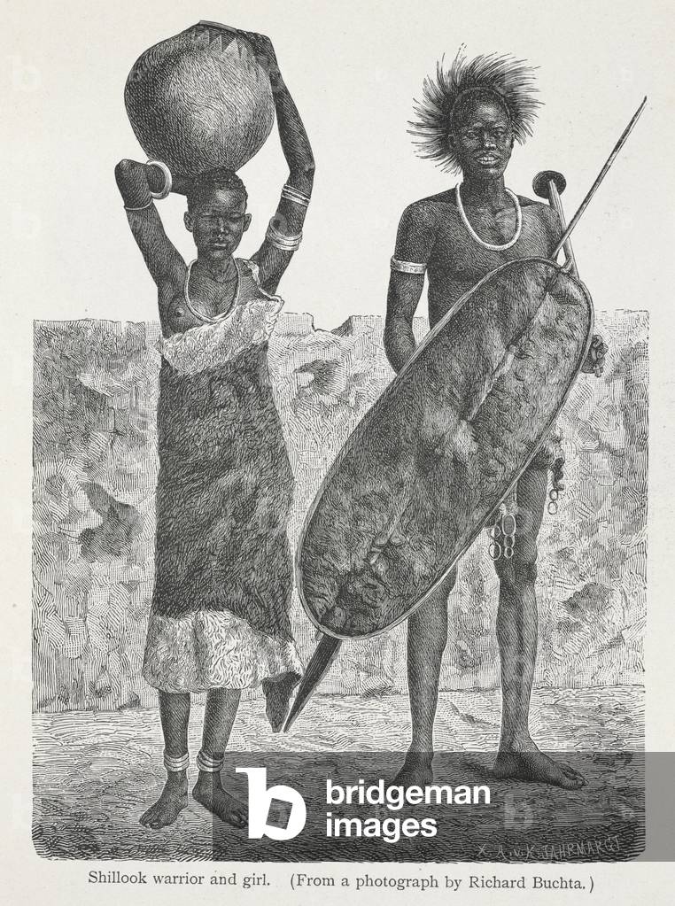 Un guerriero Shillook e una ragazza. Un uomo armato con una lancia e uno scudo; una ragazza che porta un grand