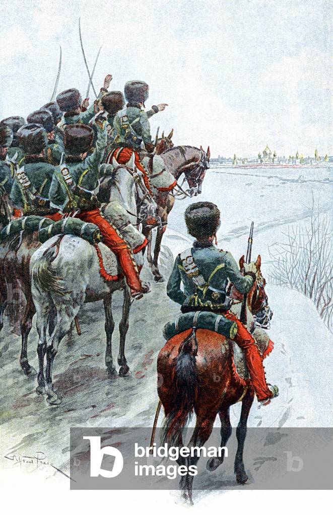 Guerre napoleoniche: la Grande Armata di Napoleone in vista di Mosca, 1812. Illustrazione di un libro dei prim