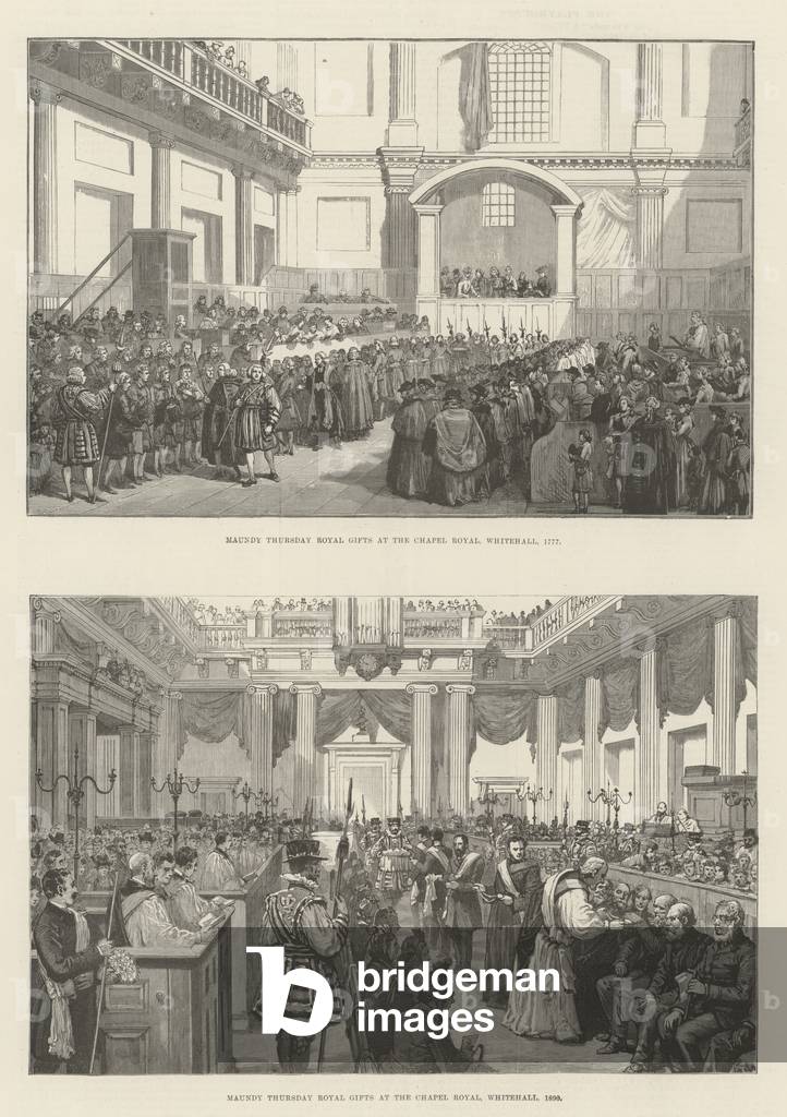 "Giovedi santo regali reali (incisione)" 1890 di English School, b/w