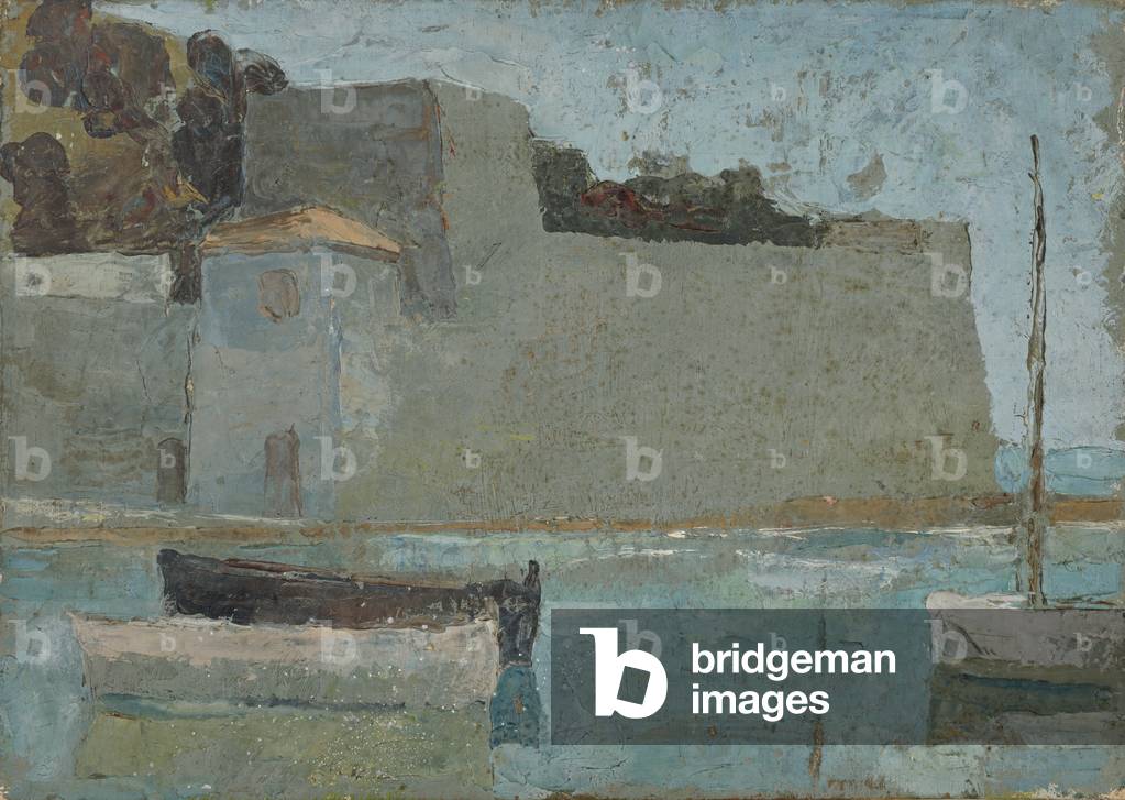Fortificazione grigia nel porto mediterraneo, 1928 (circa) (pittura)