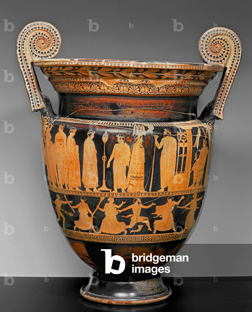 Cratere scanalato a figure rosse con rappresentazione di una processione sacrificale in onore dell'Oracolo di 