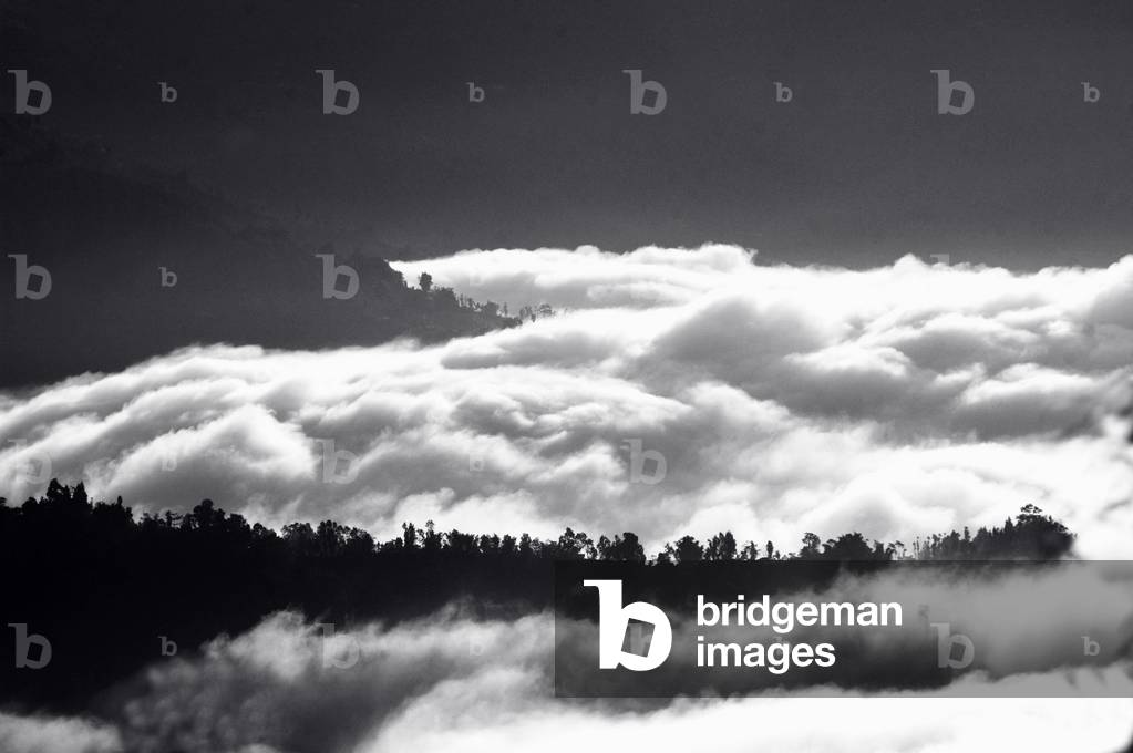 Vista di Kalimpong durante l'inverno.I piedi dell'Himalaya sono inghiottiti dalle nuvole in aumento. La nebbia