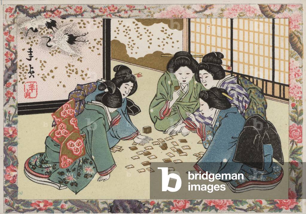 Japanische Frauen spielen ein Spiel (Chromolitho)