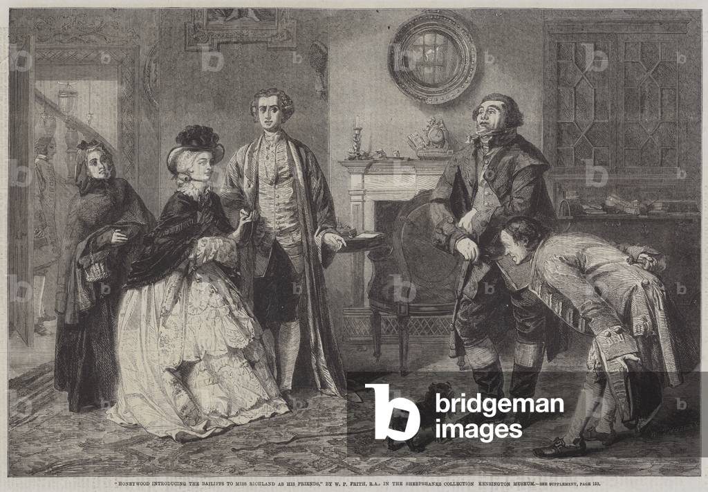 Honeywood stellt die Gerichtsvollzieher Miss Richland als seine Freunde vor (Gravur)