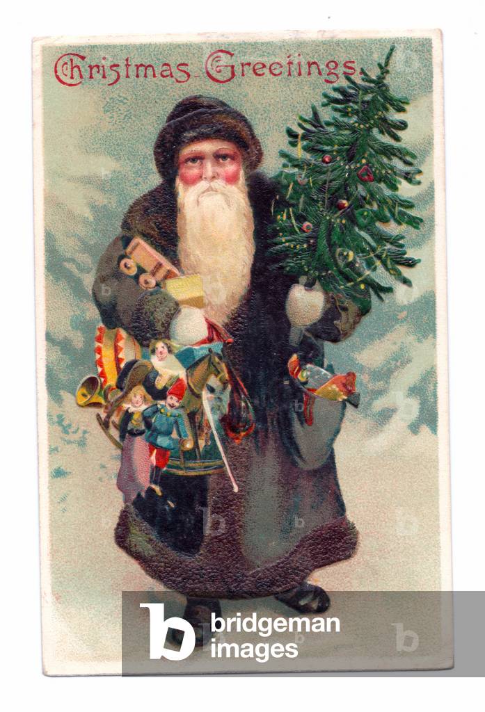 "Cartolina di Natale edoardiano di Babbo Natale con un albero di Natale e un sacchetto di giocattoli" 1910 di 