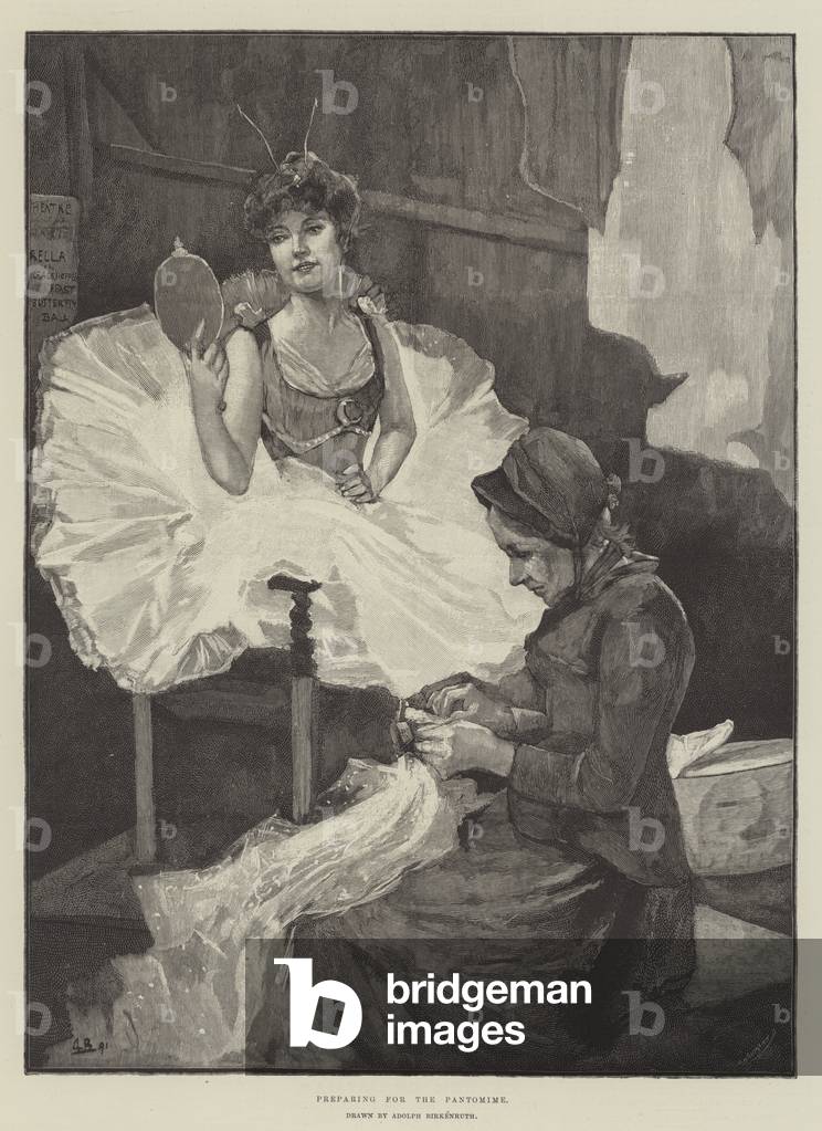 "Vorbereitung auf das Pantomime (Gravur)" 1891 von Adolphe Birkenruth, b/w