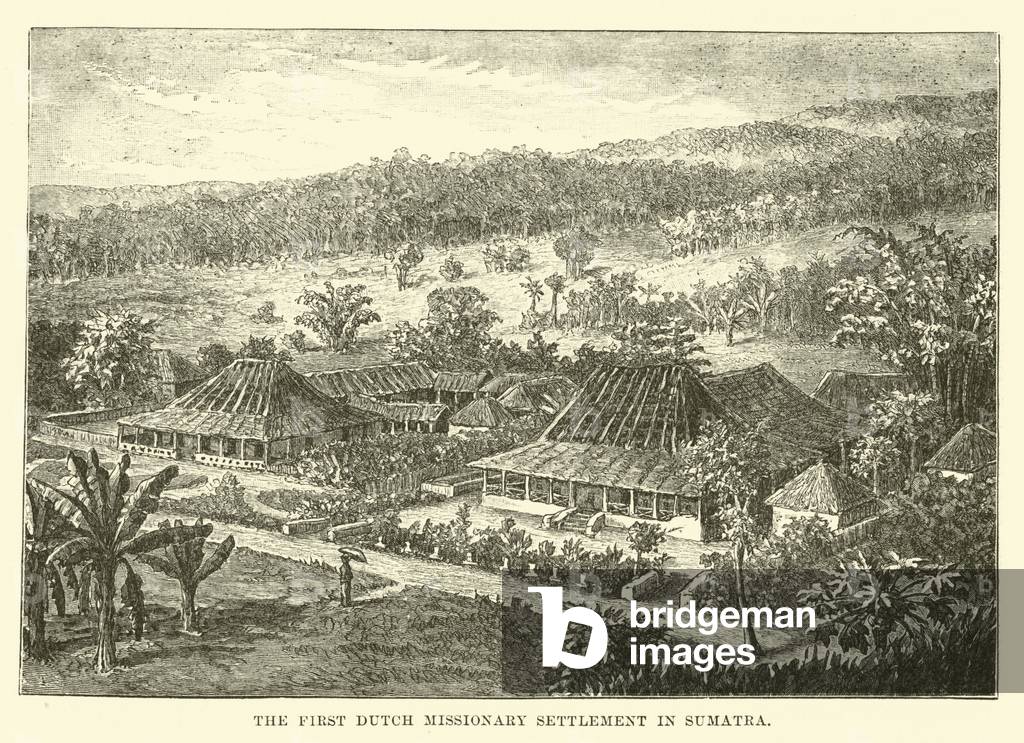 "Die erste niederländische Missionarssiedlung in Sumatra (Gravur)" von English School, b/w