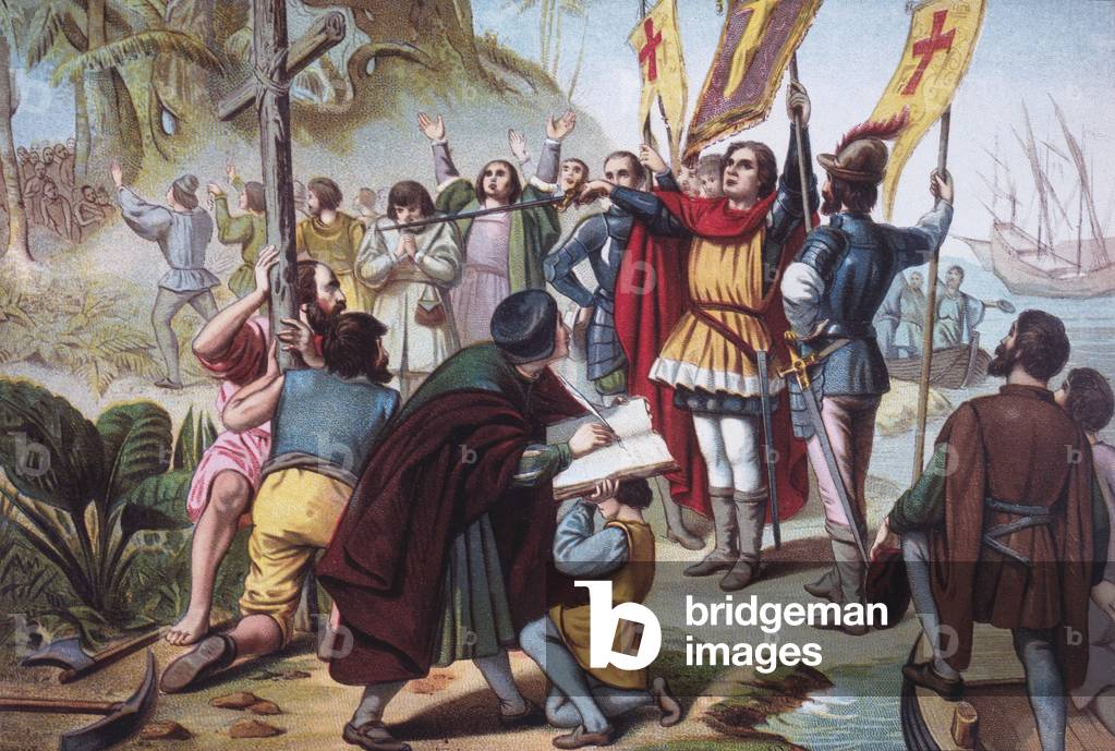 Christopher Columbus Taking Possession of the New World (San Salvador) c. 1492, Chomolithograph, 1892