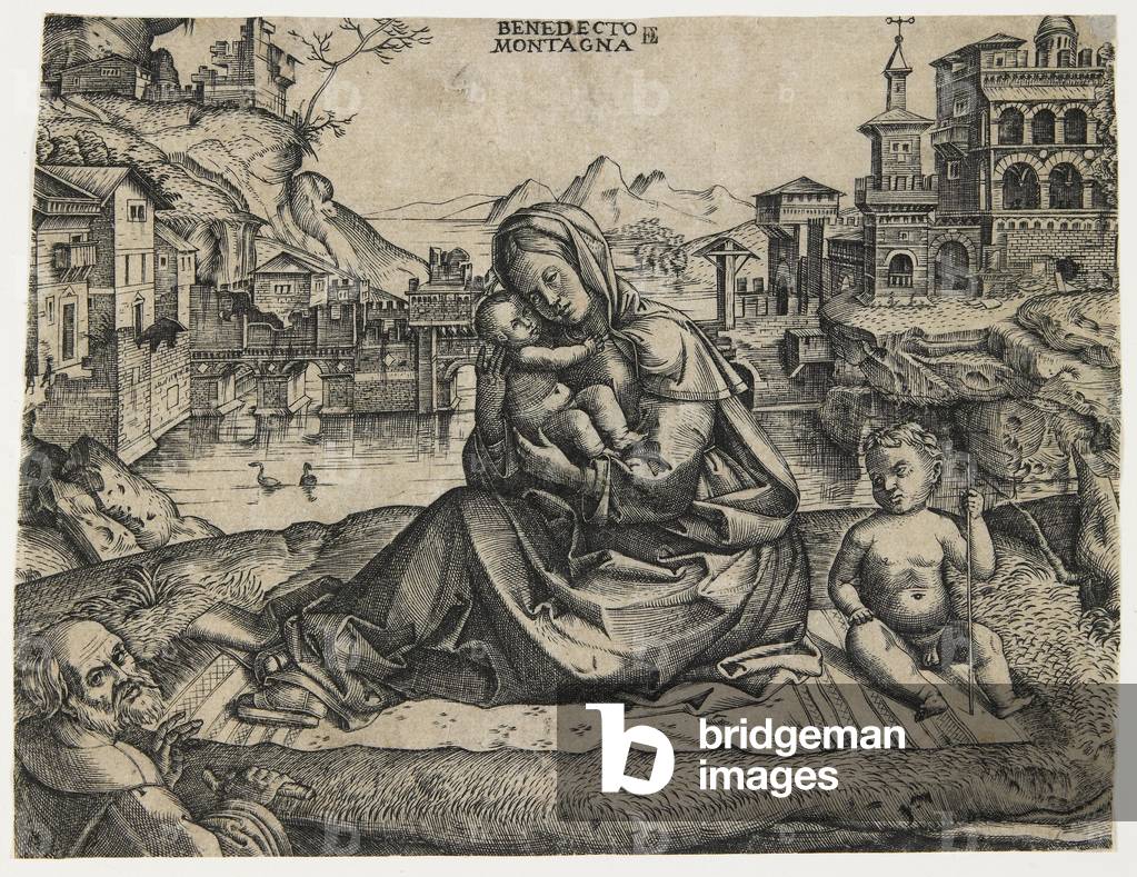 The Holy Family with the Infant Saint John in a Landscape 15th- c.1506-1512 by Benedetto Montagna, b/w