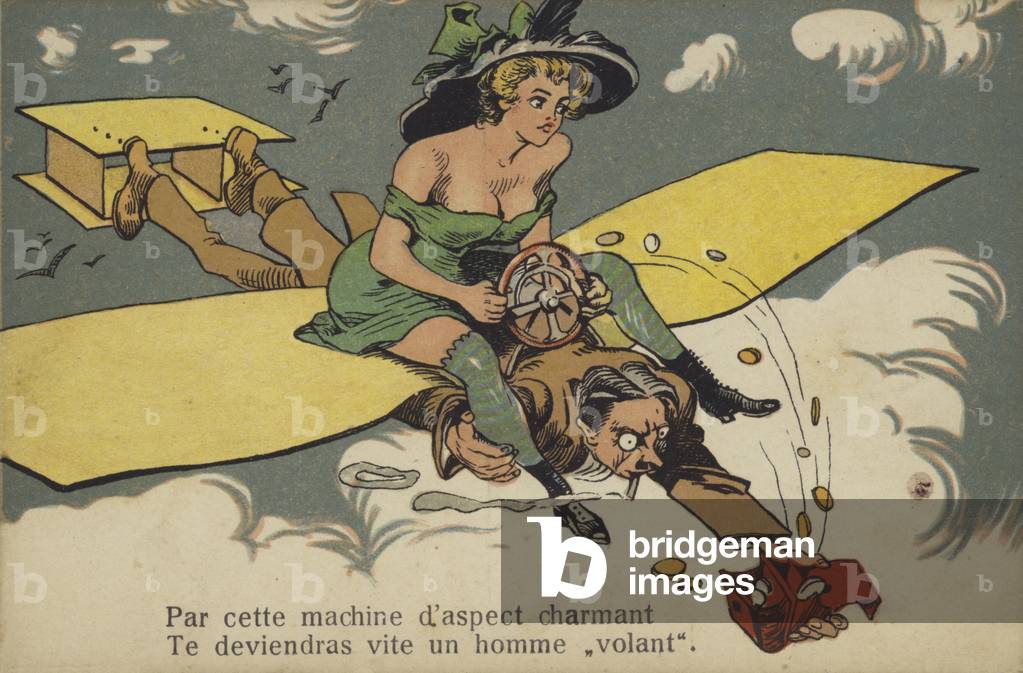 Femme avec buste semi-exposé chevauchant un homme/avion (couleur litho) par French School