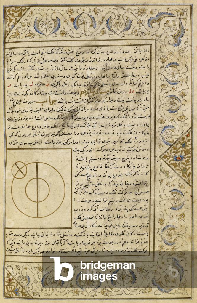 "Pagina di testo decorata con disegni marginali di fiori e un diagramma che illustra un trattato di astrologia