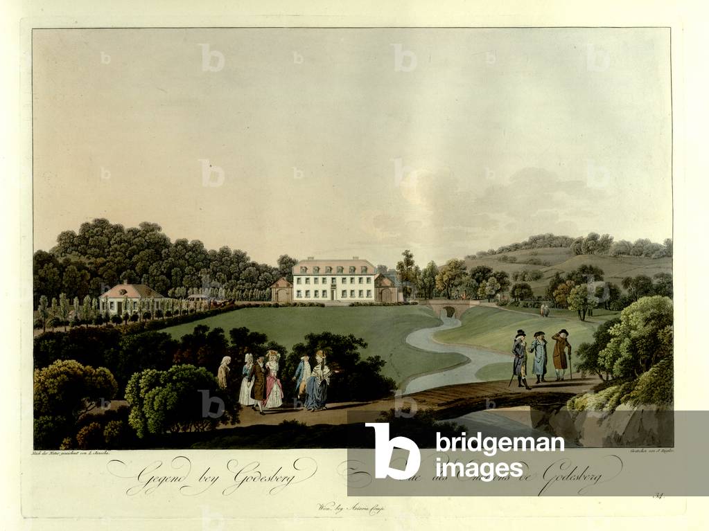Groups of visitors to Redoutenpark in Bad Godesberg approach a bridge to cross a stream in the foreground, wit