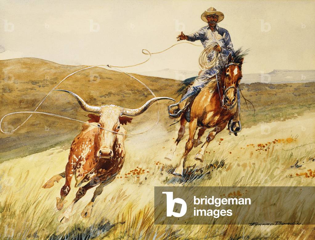 Roping A Steer (acquerello e guazzo su carta)