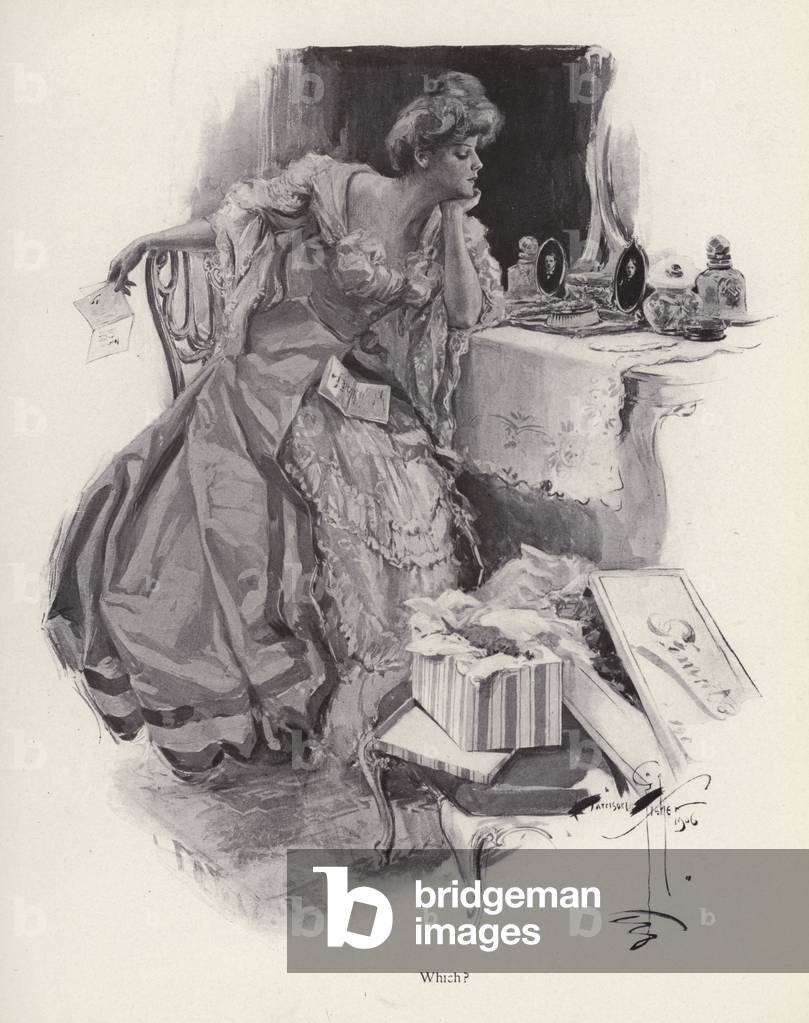 Bild von Druck "Junge Frau entscheidet zwischen zwei Freiern (litho)" von Harrison Fisher