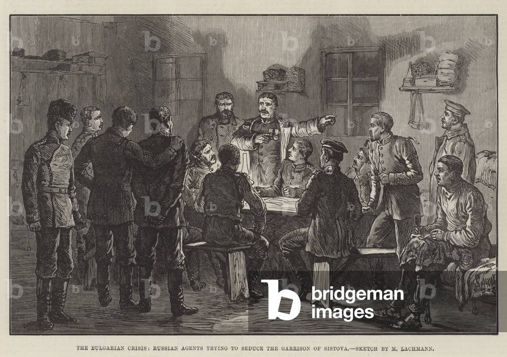 Die bulgarische Krise, russische Agenten versuchen, die Garnison von Sistova zu verführen (Gravur)